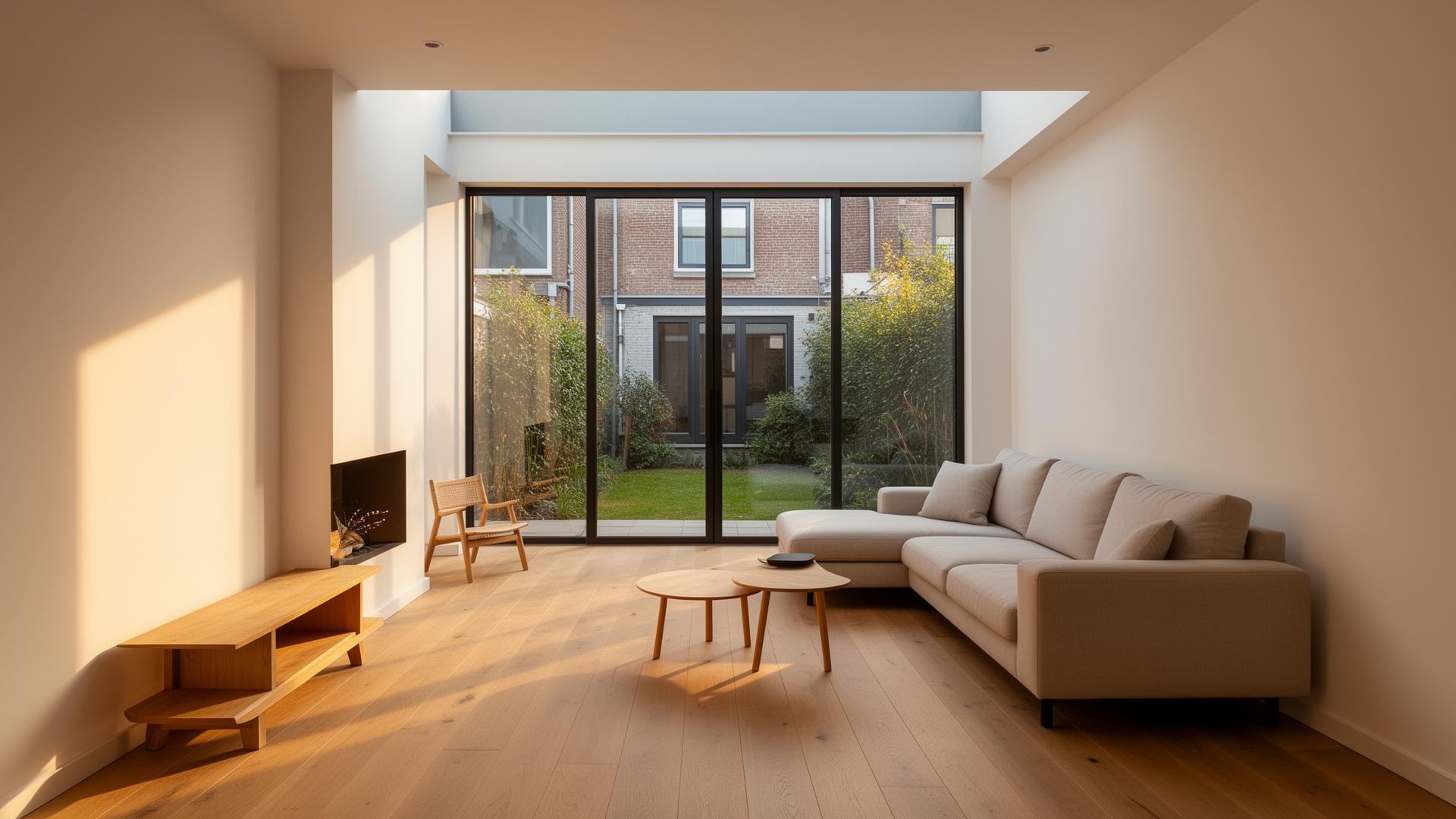 Lichte, hoogwaardige Nederlandse woning met uitbouw en open verbinding met de tuin